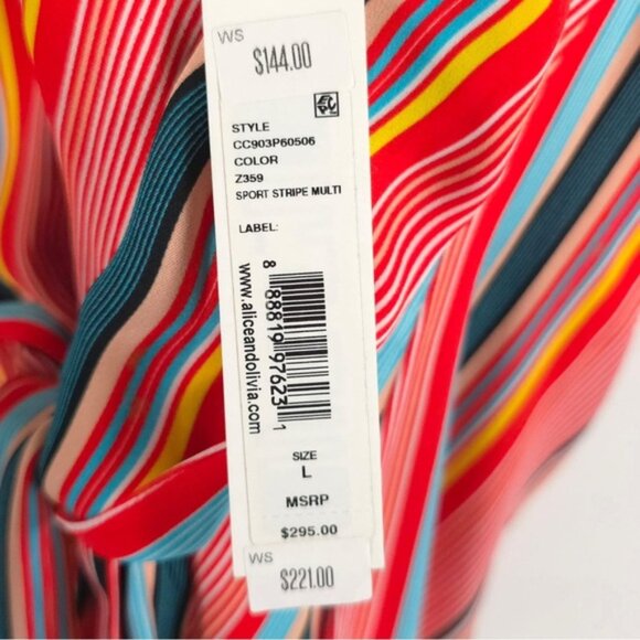 NWT Alice +‎ Olivia Kalia Red Multicolor Striped Halter Tieback Mini Dress LARGE - Picture 15 of 16